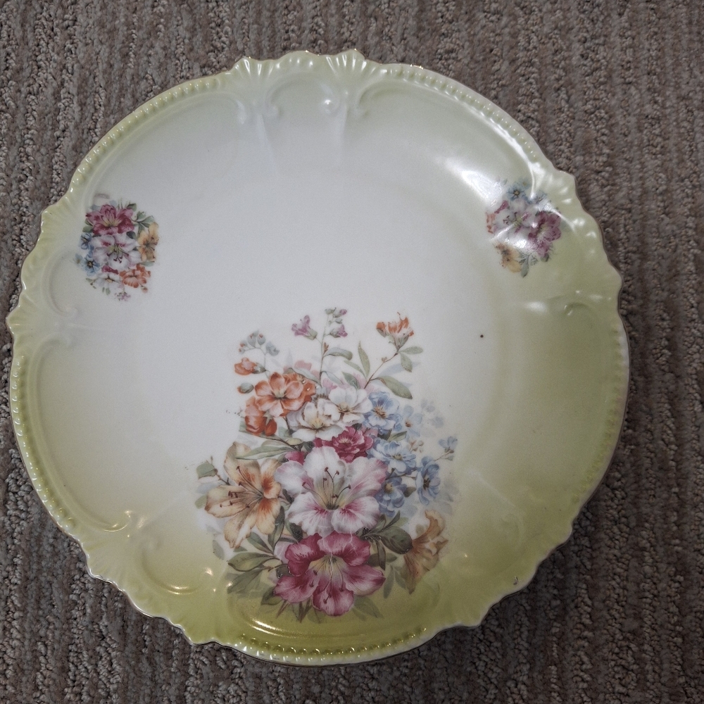Vintage Bavarian 9.5 inch Porcelain Plate Scalloped Edge Yellow Trim Floral